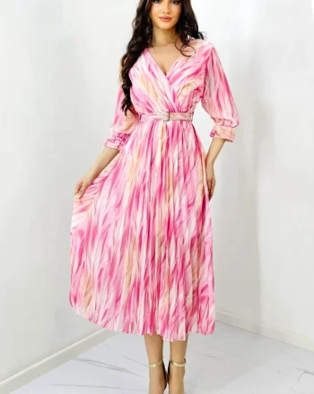 Rochie de zi Fatima, croiala plisata si imprimeu pastelat, Roz, Marime S/M