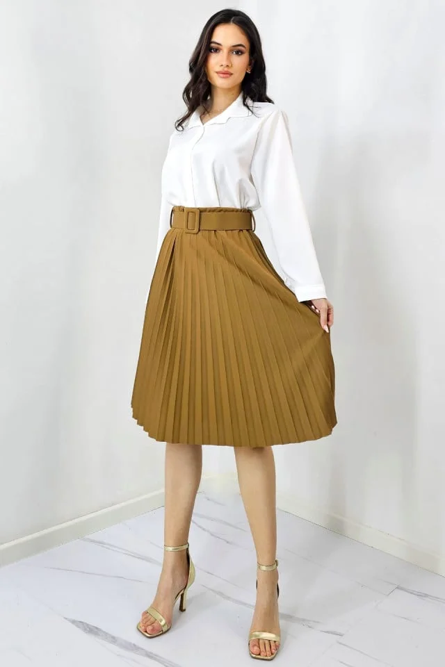 Fusta plisata eleganta Carmen, curea de aceeasi culoare inclusa, Maro, Marime S/M