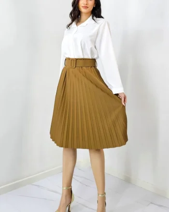 Fusta plisata eleganta Carmen, curea de aceeasi culoare inclusa, Maro, Marime S/M