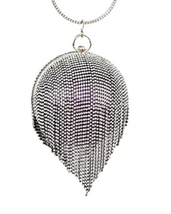 Geanta de ocazie, Shining Sphere, cu lanturi metalice si strasuri artizanale, Argintiu/Negru