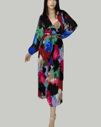 Rochie lunga Kaleya, cu textura plisata, vaporoasa si cordon in talie, Floral scent, Rosu bordo