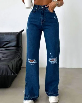 Blugi mom fit RichMood, cu slit scurt pe picior si perforatii asimetrice, Albastru inchis