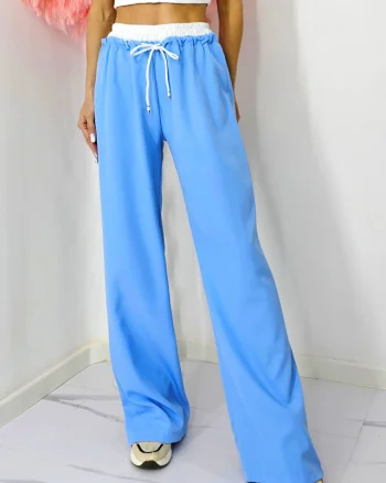 Pantaloni casual ALEF, croiala wide leg si snur in talie, Albastru baby blue, Masura S/M/L
