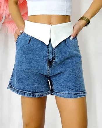Pantaloni scurti denim Gallant, cu fold tip rever, Albastru