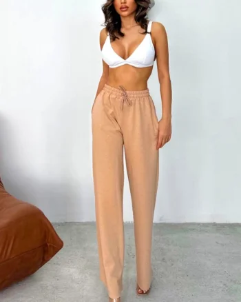 Pantaloni casual HIKE Glow, cu aplicatii tip strasuri si snur in talie, Bej