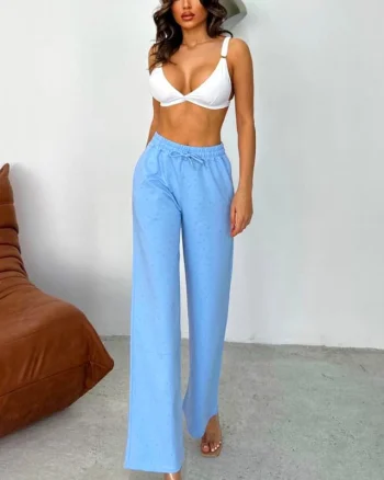 Pantaloni casual HIKE Glow, cu aplicatii tip strasuri si snur in talie, Albastru baby blue