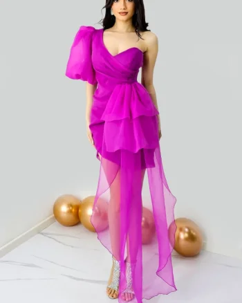 Rochie de seara Dayana, cu maneca bufanta si detaliu din organza, Mov
