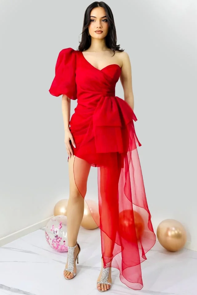 Rochie de seara Dayana, cu maneca bufanta si detaliu din organza, Rosu