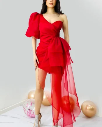 Rochie de seara Dayana, cu maneca bufanta si detaliu din organza, Rosu