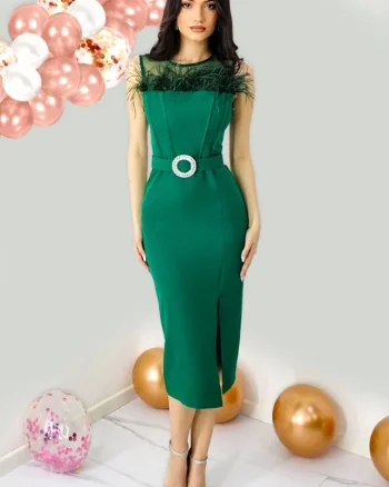 Rochie eleganta din bumbac, Naisha, cu pene naturale si crapatura laterala, Verde
