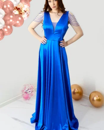 Rochie de ocazie Leontina, cu textura satinata si cristale artizanale, Albastru