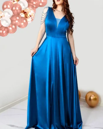 Rochie de ocazie Leontina, cu textura satinata si cristale artizanale, Albastru marin