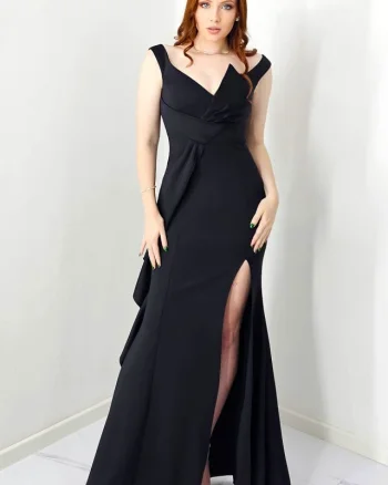 Rochie de ocazie Zahea, cu crăpătură amplă si fantă asimetrica tip fundă, Negru