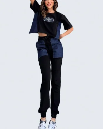 Compleu sport USA Dream, tricou oversize inscriptionat si pantaloni cu panouri denim, Negru