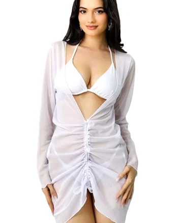 Set de plaja trei piese Ameline, costum de baie reglabil si rochie cu snur reversibil, Alb