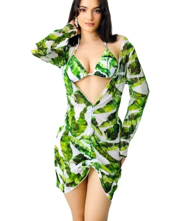 Set de plaja trei piese Ameline, costum de baie reglabil si rochie cu snur reversibil, Verde Amazon