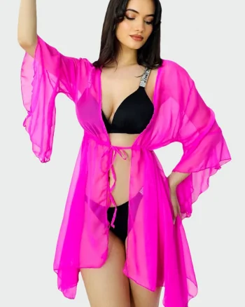 Cardigan scurt de plaja ZyZy, cu maneca evazata si snur in talie, Fucsia
