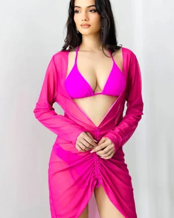Set NAYS, costum de baie doua piese si rochie de plaja, Fucsia