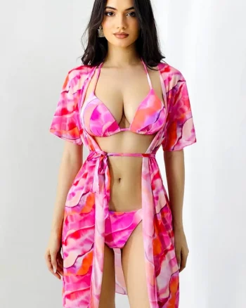 Set de plaja trei piese Kerya, cardigan cu snur si costum de baie, Wave Roz