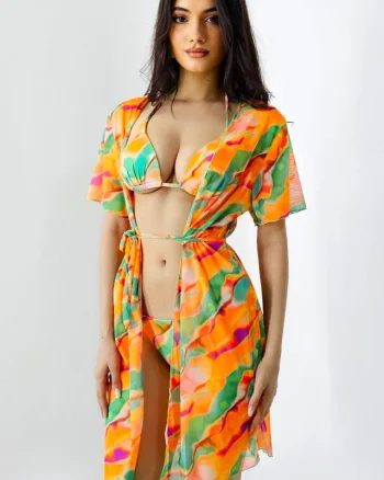 Set de plaja trei piese Kerya, cardigan cu snur si costum de baie, Wave Portocaliu