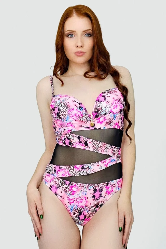 Costum de baie intreg MaXena, cu perle si detaliu cu tull, Roz Havana