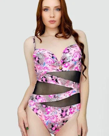 Costum de baie intreg MaXena, cu perle si detaliu cu tull, Roz Havana