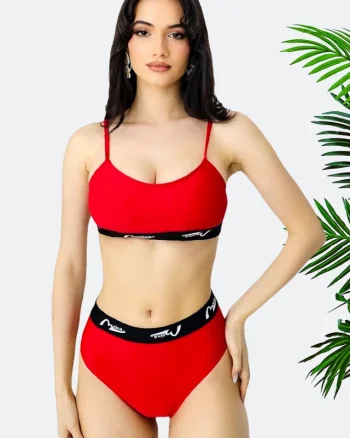 Costum de baie 3 piese MeYNA, slip tanga, slip brazilian si sutien sport, Rosu