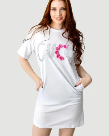 Rochie sport Karolyn, cu buzunare si strasuri, Roses Alb