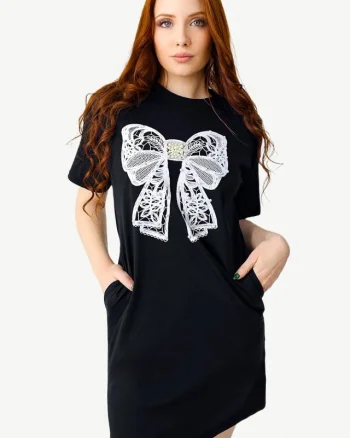 Rochie sport Karolyn, cu buzunare si strasuri, Fundita Alba