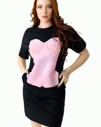 Rochie sport Karolyn, cu buzunare si strasuri, Nimfa Negru/Roz