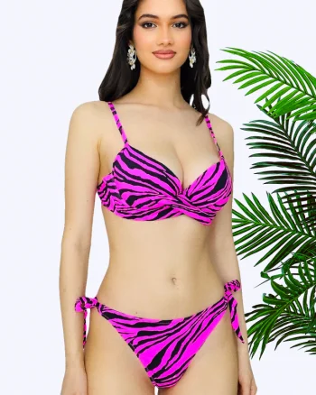 Costum de baie 3 piese Nataly, cu doua tipuri slip si sutien push up, Mov