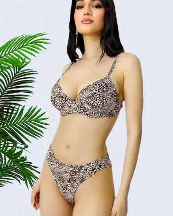 Costum de baie doua piese Jamaica, imprimeu animal print leopard si sutien ajustabil, Bej