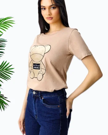 Tricou Kyra, cu imprimeu "ursulet", Bej