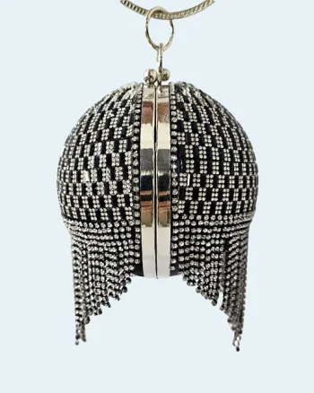 Geanta de ocazie, Shining Sphere, cristale, aspect geometric si laturi metalice, Negru/Argintiu