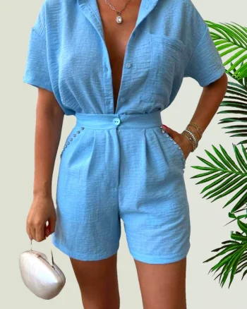 Compleu cu bumbac creponat, Jolin, camasa si pantaloni scurti cu pense, Albastru deschis