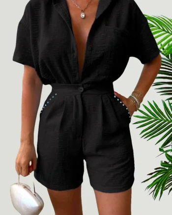 Compleu cu bumbac creponat, Jolin, camasa si pantaloni scurti cu pense, Negru