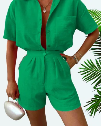 Compleu cu bumbac creponat, Jolin, camasa si pantaloni scurti cu pense, Verde