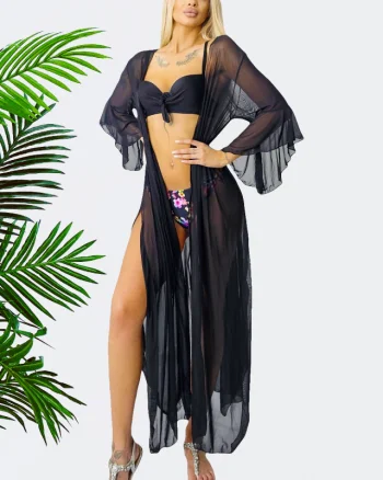 Cardigan de plaja LEXA, cu maneca evazata si snur in talie, Negru