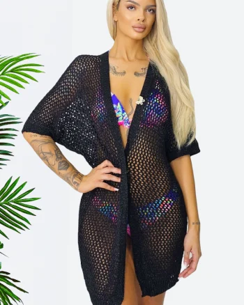 Cardigan clasic Crochet, cu accesoriu tip brosa si maneca scurta, Negru, Marime S/M/L