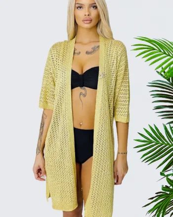 Cardigan clasic Crochet Gold, cu taieturi laterale si brosa, Auriu, Marime S/M/L