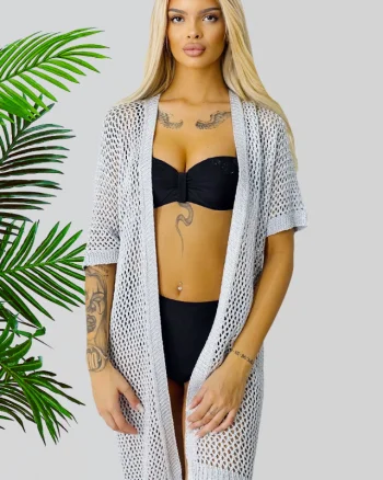 Cardigan clasic Crochet, cu accesoriu tip brosa si maneca scurta, Gri, Marime S/M/L