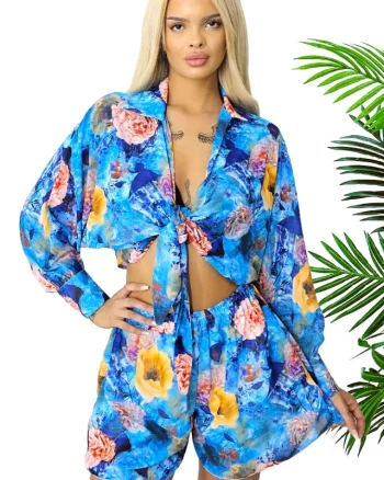 Compleu estival AdeLLa, cu camasa vaporoasa si pantaloni scurti, Albastru, Marime S/M