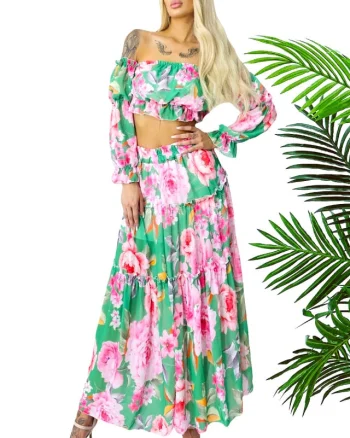 Compleu Bernolda, fusta vaporoasa si camasa cu umerii goi, Green Sunday, Masura S/M/L