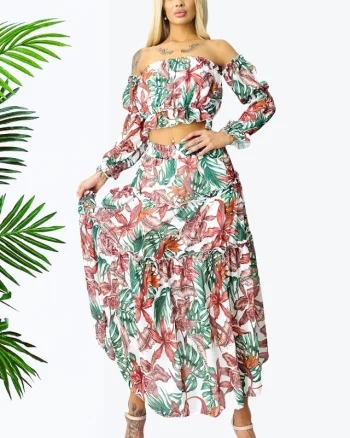 Compleu Bernolda, fusta vaporoasa si camasa cu umerii goi, Strelitzia, Masura S/M/L