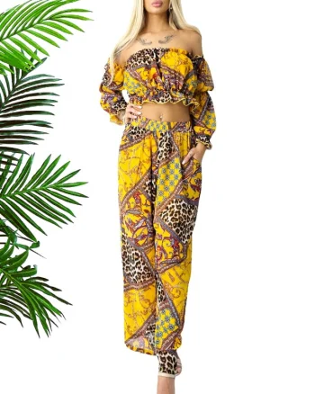 Compleu de vara Bouquet, pantaloni lejeri si camasa cu volane, Galben Leopard, Marimea S/M/L