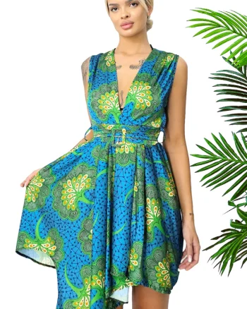 Rochie de zi Matilda, croiala asimetrica si cordon in talie, Peacock, Marime S/M