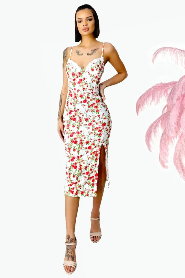 Rochie bodycon Drosera, cu dantela si imprimeu floral, Alb/Rosu, Marime S/M