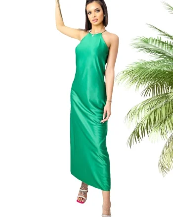 Rochie lunga satinata Priscilla, cu spatele gol si croiala halter, Verde, Marime S/M