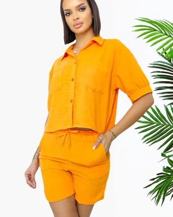 Compleu cu bumbac creponat, Keona, camasa si pantaloni scurti cu snur, Portocaliu