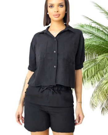 Compleu cu bumbac creponat, Keona, camasa si pantaloni scurti cu snur, Negru